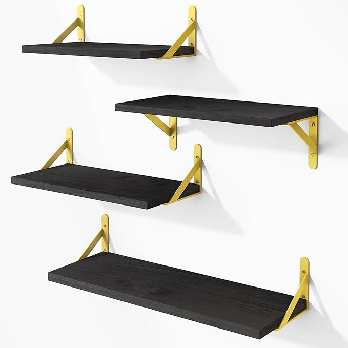 YGEOMER Floating Shelves for Wall, Different Sizes Black Wall Shelves for Living Room, Bathroom, Bedroom, Kitchen, Home Decor (Set of 4)
