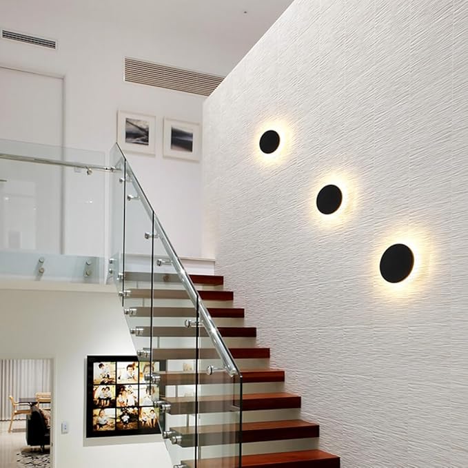 Black Modern Wall Sconce Round Disc Sconces Wall Lighting Metal Circular Stairwell Lighting 3000K Warm LED Wall Lights for Living Room Bedroom Stairway - 10"