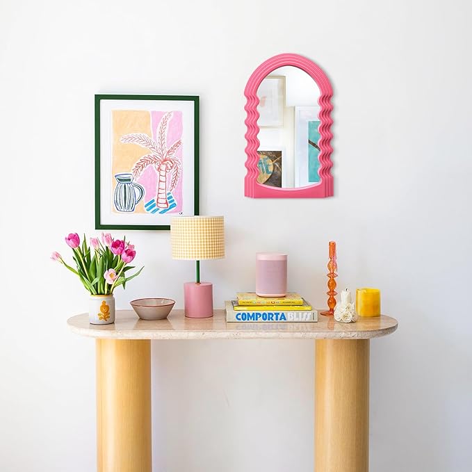 Wavy Wall Mirror for Living Room Decor, Velvet Finish Funky Wall Mounted Mirror for Girly Bedroom Decoration, Cute Hanging Sculpture Home Accent for Dining Room Kitchen (Pink)