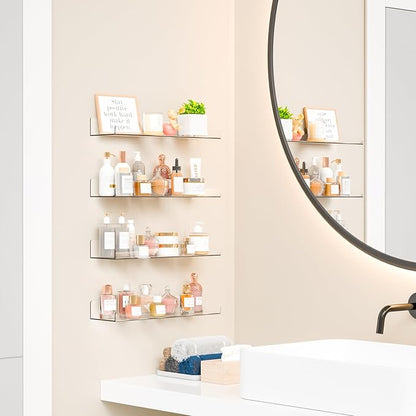 Yieach 6 Pack 15" Acrylic Shelves for Wall,Bathroom,Bedroom - with Adhesive - No Drilling Clear Floating Shelves for Funko Pop,Lego,Action Figures,Nail Polish,Perfume Shelf and Wall Storage & Display