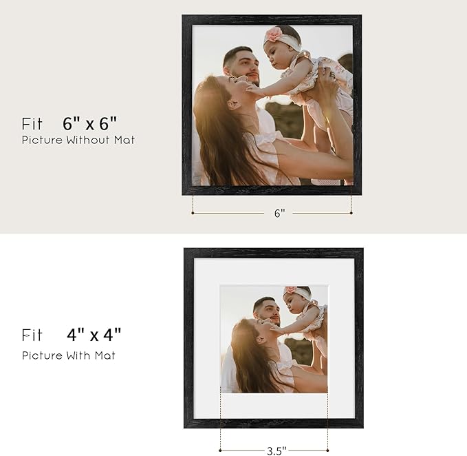 puthiac 6x6 Solid Oak Wood Picture Frame, Fits 4x4 with Mat or 6x6 Without Mat, Wall or Tabletop Display with Stand, Plexi Front, 1 Pack, Black