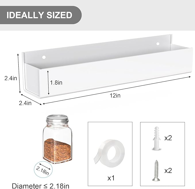 PMMASTO Adhesive Acrylic Spice Rack Organizer for Wall with Nano Double Sided Tape, Spice Shelf Organization for Kitchen Cabinet Door/Pantry Door, Wall Mount Seasoning Rack (White-2 Pack)