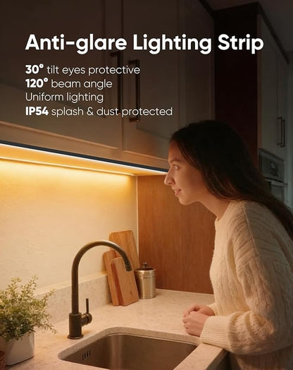 Shine Decor Under Cabinet Lighting Strip, Free Cuttable LED Silicone Neon Rope Hardwired 24V Anti-Glare Bright Cozy 1824 Lumen for Indoor, Adhesive Black Shell 2700K Warm 96” UL Certified, No Adapter