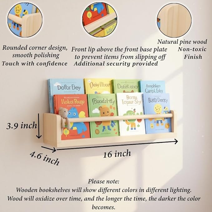 Natural Wood Nursery Floating Shelves Set of 3– Wall Mounted Kids Bookshelf & Toy Organizer – 16 Inch Rustic Pine Hanging Display Book Shelves for Bedroom, Playroom, and Baby Decor
