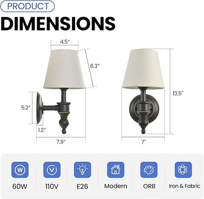 Wall Sconces Set of 2, Modern Wall Lamps for Bedroom, Sconces Wall Light Fixture with Beige Fabric Shade, Indoor Wall Mounted Lamps for Living Room Hallway Kitchen, ORB Finish