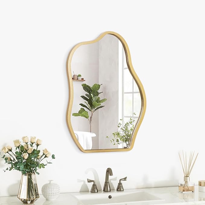 Gold Mirror for Wall Decor Cute and Stylish Unique Wooden Framed Wall Mirror Asymmetrical Vanity Artistic Cloud Mirror Decorative for Living Room Bedroom Bathroom Entryway