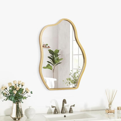 Gold Mirror for Wall Decor Cute and Stylish Unique Wooden Framed Wall Mirror Asymmetrical Vanity Artistic Cloud Mirror Decorative for Living Room Bedroom Bathroom Entryway