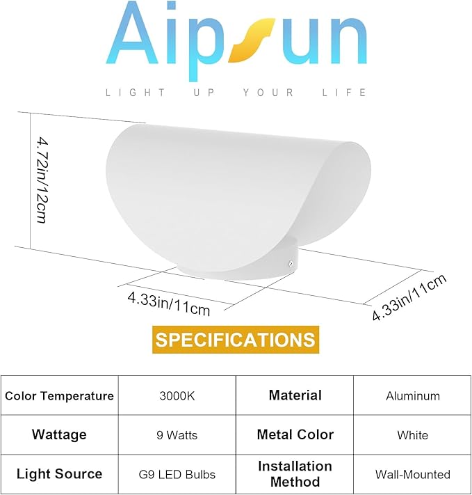Aipsun LED Wall Sconce Indoor Modern Wall Lights 2 Packs Hardwired Up and Down Wall Mount Light for Living Room Bedroom Hallway Corridor Conservatory Warm White 3000K(with G9 Bulbs)