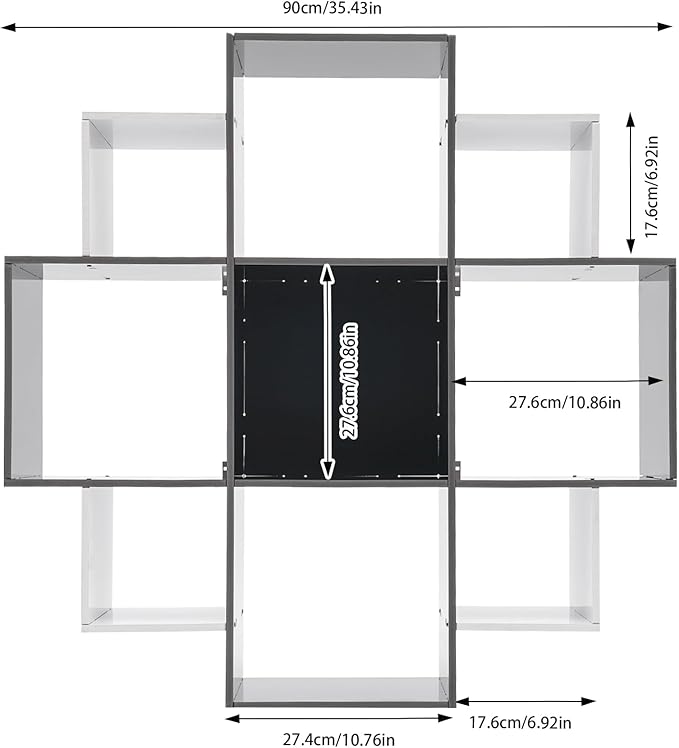 3-Tiers Wall Mounted Geometric Bookshelf, Morden Irregular Nine-Grid Bookshelf, 90cm Tall Decorative Display Shelf (White+Black)