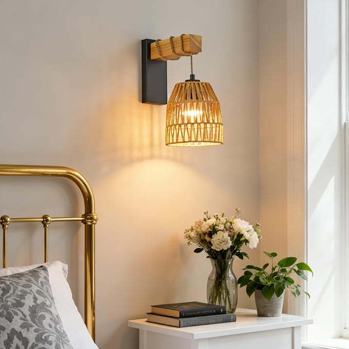 Battery Operated Wall Sconce Set of Two, Rattan Wall Sconces Battery Operated Set of 2, Boho Wall lights with Remote, Rechargeable Wall Sconce for Bedroom,Living Room, Entryway 15 Colors Dimmable
