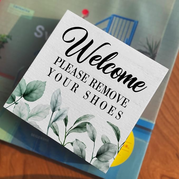 ENGVZ Wood Box Sign - Rustic Farmhouse Style 'Welcome Please Remove Your Shoes' Artwork, 5 x 5 Inches, Durable Decorative Signage for Home, Office, Gift