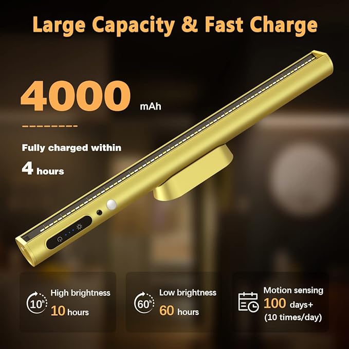 Battery Powered Operated Wall Strip Lights, Motion Sensor LED Light Bar Indoor, Rechargeable Magnetic Under Cabinet Lighting Wireless with Remote Control for Picture Closet Room – Gold
