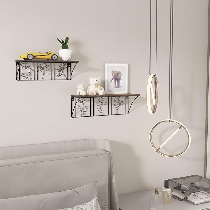 QUTREY Plant Wall Art Floating Shelves Set of 2, Minimalist Metal Abstract Decor Rustic Wooden Shelf for Living Room, Bedroom, Bathroom
