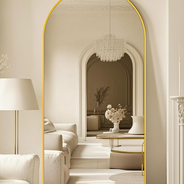 Full Length Mirror with Stand, 71"x32" Arched Full Body Mirror, Large Stand Up Mirrors, Aluminum Frame Floor Standing Mirrors, Freestanding Hanging Leaning Mounted for Bedroom Living Room, Gold