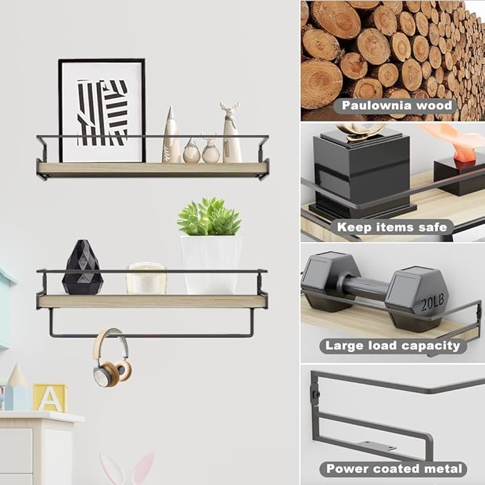 Wall Decor Floating Shelves, Home Decor with Towel Bar/Hooks, Wall Shelves for Bathroom/Living Room/Kitchen/Bedroom, (Black-Natural) Floating Bathroom Shelves