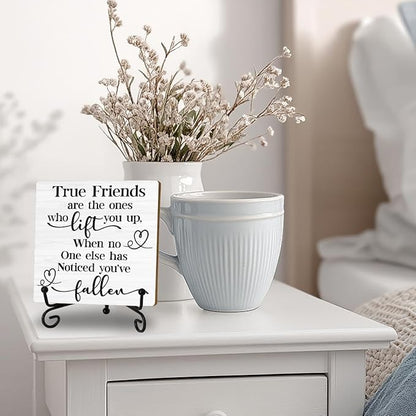 Friendship Quotes Desk Decor Gifts for Women Best Friends, True Friends Are The Ones Who Lift You Up Tabletop Sign, Motivational Wood Plaque With Iron Stand for Home Office Bedroom Shelf Desk Decor