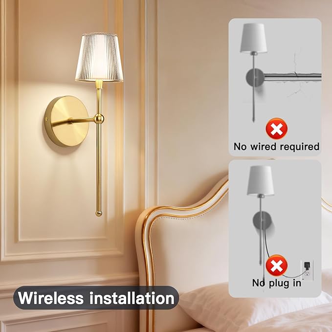 Battery Operated Wall Sconces Set of 2, Wireless Wall Sconce with Remote Dimmable Timer, Rechargeable 5200mAh, Cordless Wall Light Gold for Bedroom Living Room, Hallway, Light Decor