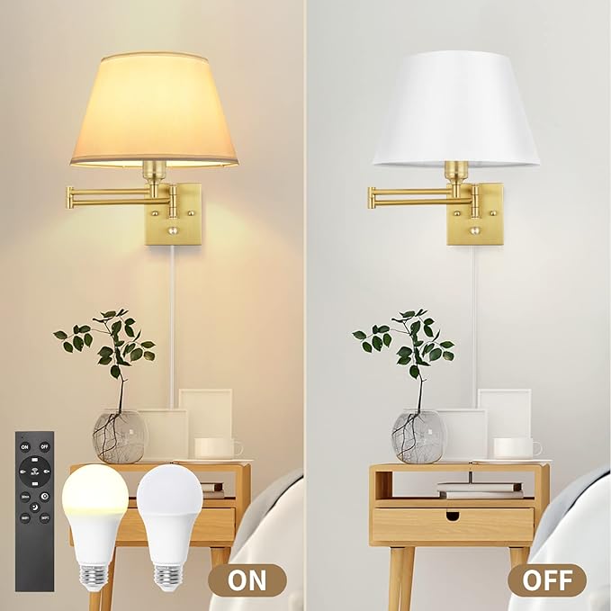 TRLIFE Remote Control Dimmable Wall Sconce, Adjustable Color Temperature 2700K-6500K Brushed Brass Swing Arm Wall Lights with Plug in Cord, 11.8