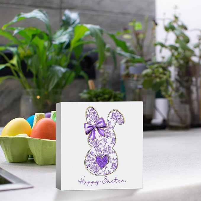 Purple Happy Easter Sign Easter Table Decor Bow Bunny Decor Blue And White Chinoiserie Decor Wooden Box Sign for Home Office Bedroom Living Room Desk Shelves