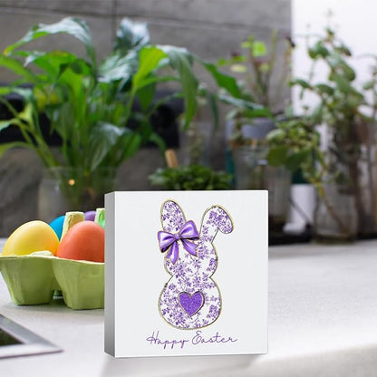 Purple Happy Easter Sign Easter Table Decor Bow Bunny Decor Blue And White Chinoiserie Decor Wooden Box Sign for Home Office Bedroom Living Room Desk Shelves