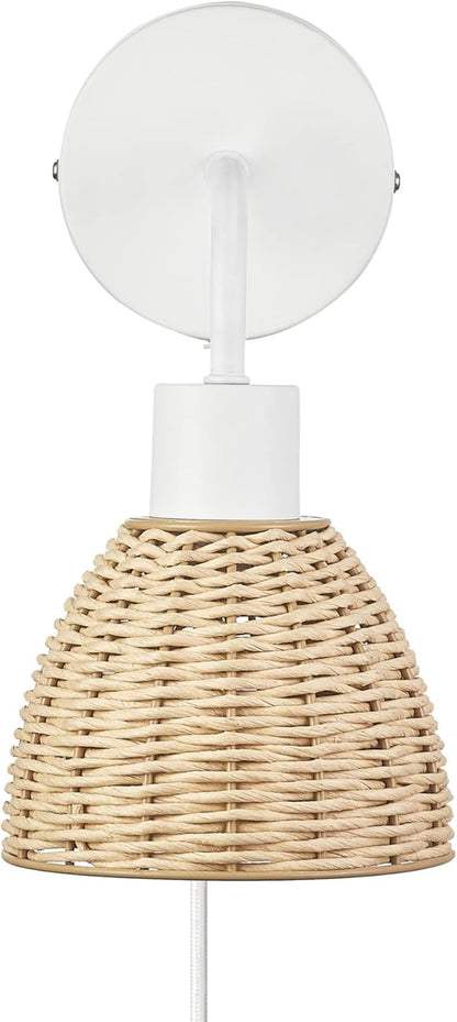 Globe Electric 65928 Briar 1-Light Plug-in or Hardwire Wall Sconce, Matte White, Rattan Shade, 6ft White Braided Fabric Designer Cord, in-Line On/Off Rocker Switch