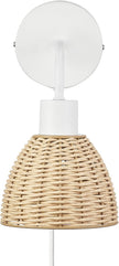 Globe Electric 65928 Briar 1-Light Plug-in or Hardwire Wall Sconce, Matte White, Rattan Shade, 6ft White Braided Fabric Designer Cord, in-Line On/Off Rocker Switch