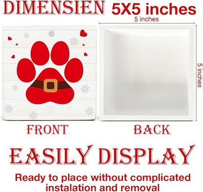Farmhouse Christmas Decor, Christmas Decorations Indoor, Red Dog Paws Wooden Sign Rustic Home Shelf Desk Decor 5 x 5 Inches