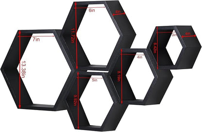 PHOENANCEE Hexagon Floating Shelves,Wall Mounted Wood Farmhouse Storage Honeycomb Shelf Set of 5,for Bathroom, Kitchen, Bedroom, Living Room,Office,Home Room Wall Decor Driftwood Finish