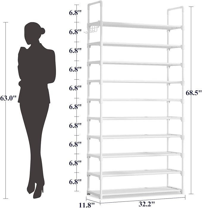 Kitsure Shoe Rack for Closet - 10-Tier Shoe Organizer with Hook Rack, Large-Capacity & Space-Saving Shoe Shelf for Entryway, Bedroom, Living Room,32.2