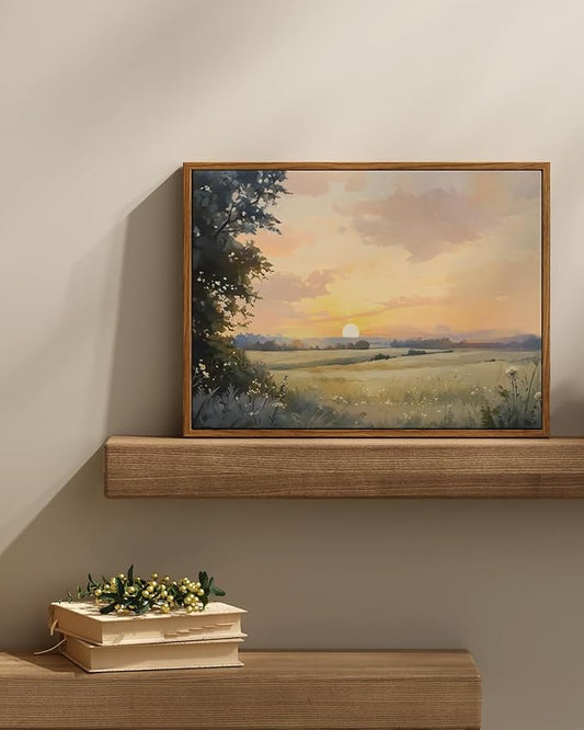 InSimSea Framed Canvas Wall Art, Vintage Wall Decor, Fall Landscape Watercolor Painting for Living Room, Bedroom Earthy Country Autumn Sunset Print Pictures Decorations,12x16inch