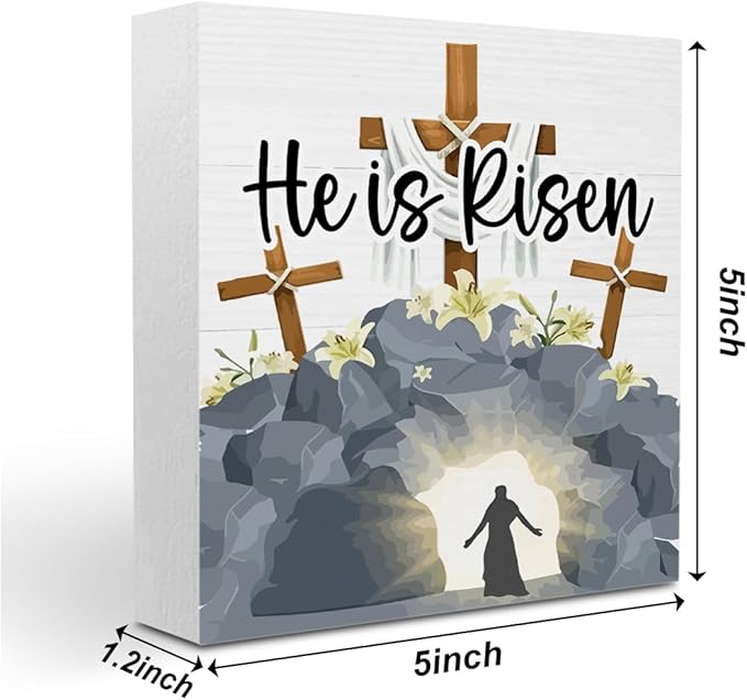 He Is Risen Easter Decor Indoor Religious Christian Easter Jesus Cross Decor Decorations Farmhouse Easter Sign for Home Room Badroom Bathroom Office Table Mantle Dessk Decor
