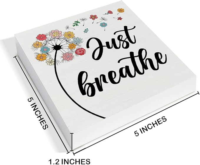 Inspirational Desk Decor - Spring Decorations for Home - Just Breathe Dandelion Wood Sign Home Office Desk Shelf Table Tabletop Decor 5×5 Inches