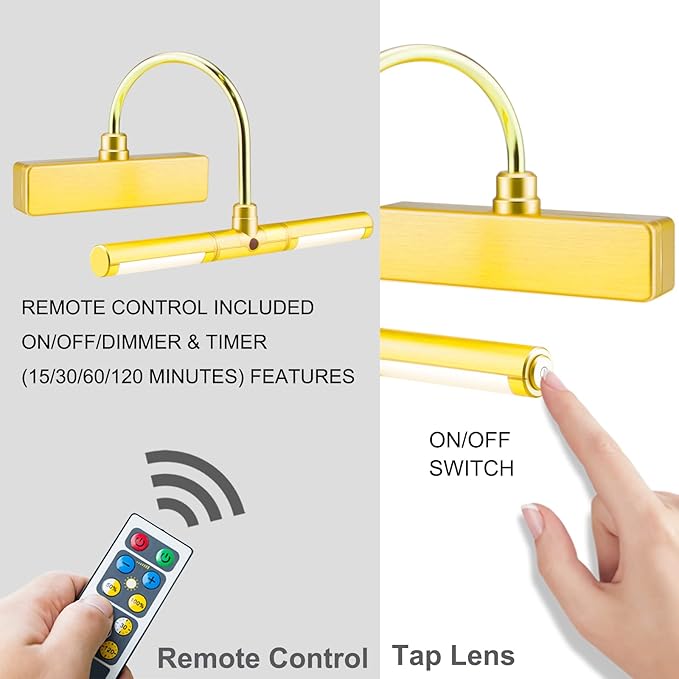 BIGLIGHT Wireless Battery Operated LED Picture Light with Remote, Rotatable Light Heads of 3 Lighting Modes, Dimmable Display Lamp with Timer for Painting Photo Portrait Art, 8.8", Gold