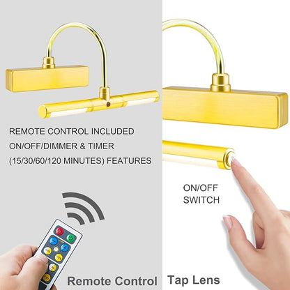 BIGLIGHT Wireless Battery Operated LED Picture Light with Remote, Rotatable Light Heads of 3 Lighting Modes, Dimmable Display Lamp with Timer for Painting Photo Portrait Art, 8.8", Gold