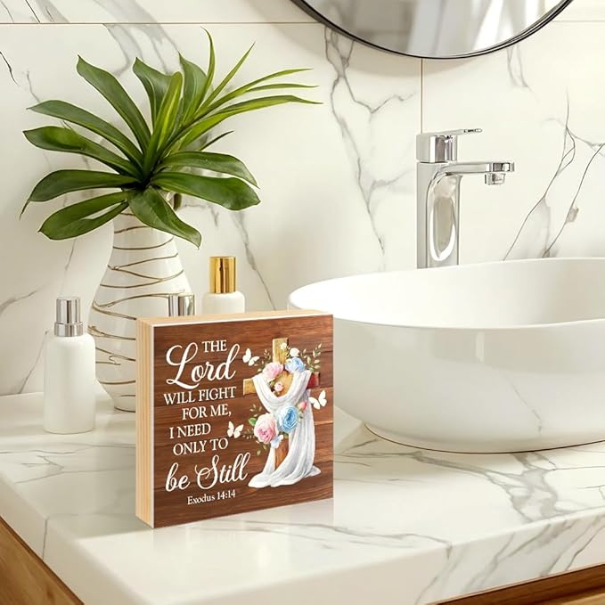 The Lord Will Fight for You Need Only To Be Still Wood Block Plaque Box Sign for Home Living Room Coffee House Bar Shelf Table Decoration, Exodus 14:14 Bible Verse Decor Gifts for Friends