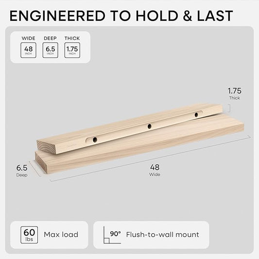 Homeforia Wood 48 inch Floating Shelf, High End Solid Natural Wood 48inch Floating Shelves for Wall Mounted, Unfinished Wooden Large Floating Shelves, Heavy Duty Bracket, 48 X 6.5 X 1.75 in, Set of 3