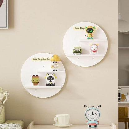 Round Wall Mounted Floating Shelves, 2-Tier Decorative Display Shelf with Customizable Message Board, Minimalist Wall Shelf for Candles, Plants, Small Decor (White)
