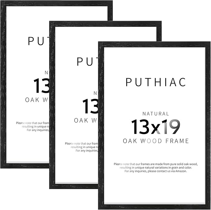puthiac 13x19 Solid Oak Wood Picture Frame, Fits 11x17 with Mat or 13x19 Without Mat, Wall Display Only, Vertical or Horizontal, Plexi Front, 3 Pack, Black