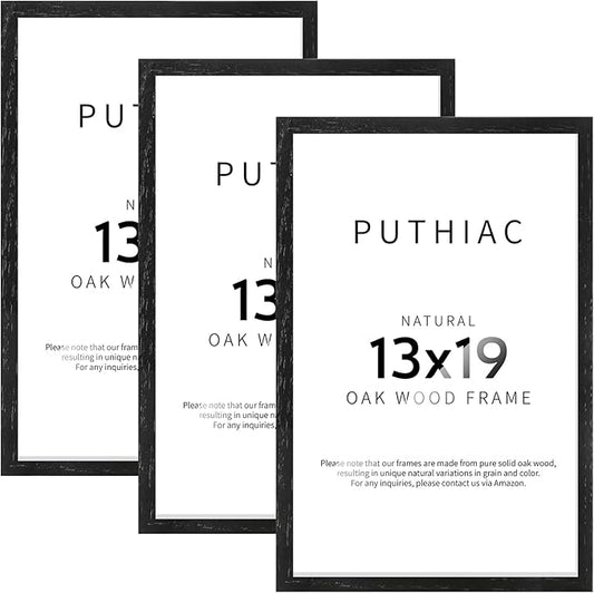 puthiac 13x19 Solid Oak Wood Picture Frame, Fits 11x17 with Mat or 13x19 Without Mat, Wall Display Only, Vertical or Horizontal, Plexi Front, 3 Pack, Black