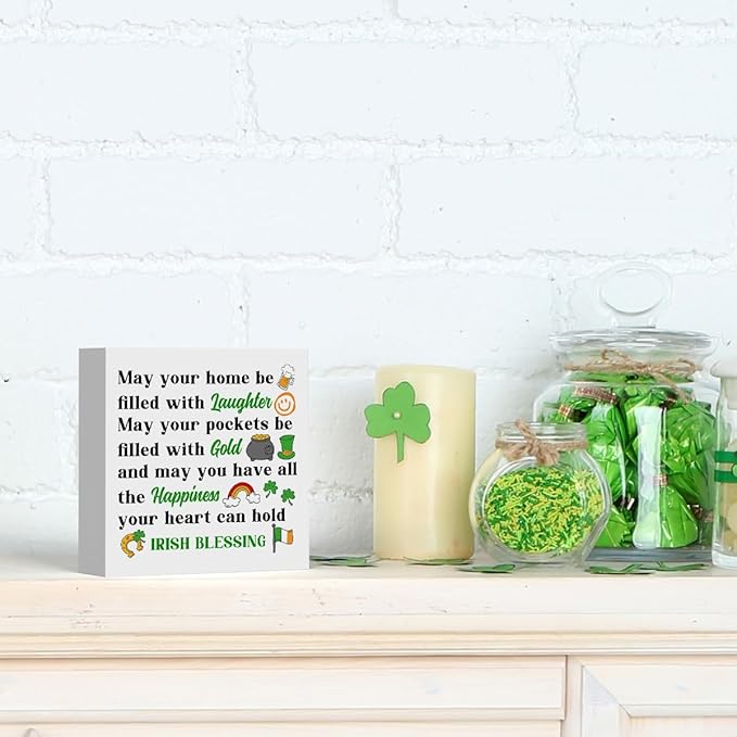 St Patricks Day Decor Irish Blessing Decorations Laughter Gold Happiness Rustic Wood Sign Home Tabletop Shelf Desk Decor St Patrick's Day Decorations 5 X 5 Inches