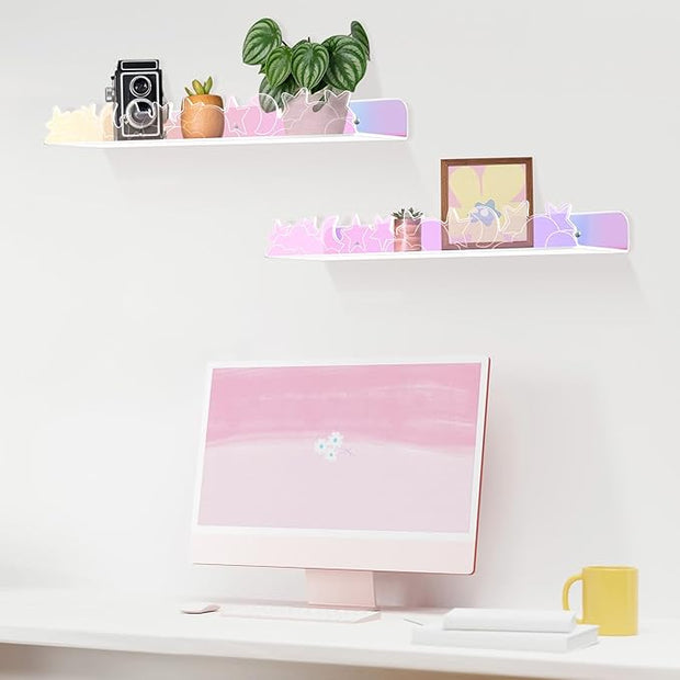 Floating Shelves for Wall,4 Pack 15.7’’x 3.5’’Adhesive Acrylic Shelves Organizer for Book Toy Photo Makeup,Wall-Mounted Kids Storage for Bathroom,Bedroom,Nursery,Iridescent Star and Moon
