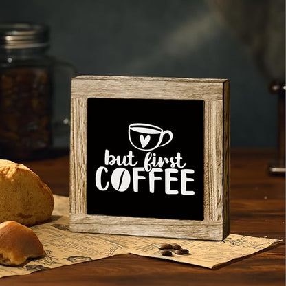 But First Coffee Wooden Decor, Coffee Bar Table Top Decorative Sign, Funny Office Desk Decoration, Farmhouse Cafe Decoration, Rustic Wooden Table Top Decor 5.9X5.9 Inches