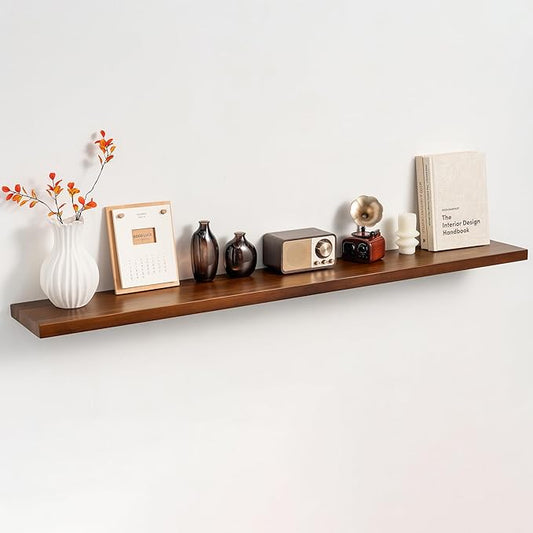 55 Inch Solid Wood Floating Shelf - 100% Solid Teak Wood Wall Shelf with Invisible Brackets - Waterproof Natural Wood Shelves for Bathroom, Kitchen, Balcony - Heavy Duty Floating Wall Decor