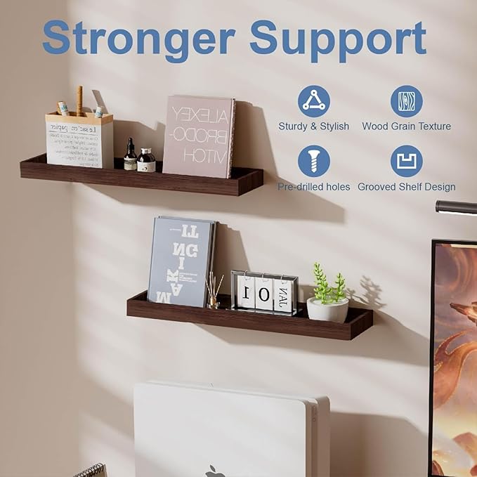 Floating Shelves for Wall, Wooden Wall Shelves for Bedroom Living Room Kitchen, Modern and Rustic Bathroom Shelves with Raised Lip, Decor Floating Shelf for Storage (Walnut-Like,2 Set,23.6 in)