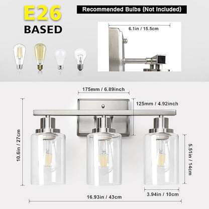 Ascher Bathroom Vanity Light Fixtures, 3 Light Wall Sconces Lighting with Clear Glass Shade, Brushed Nickel Wall Lights for Mirror, Kitchen, Living Room, Gallery, E26 Base (Bulbs Not Included)