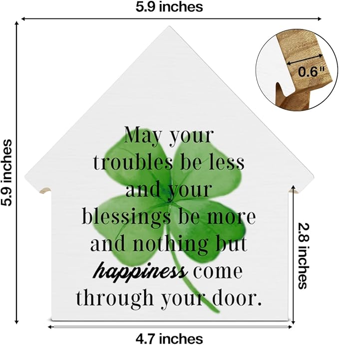 St. Patrick's Day Decor, Clover Decorations, May Your Troubles Be Less and Your Blessings Be More House Shaped Wood Block Sign, Home Decor for Desk Table Shelf, St Patricks Day Decorations