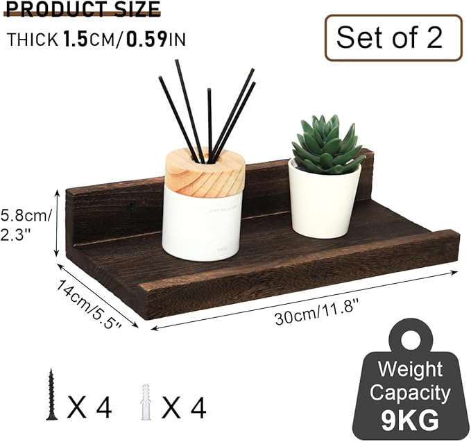 Z metnal Mini Floating Shelves, Small Natural Wooden Display Wall Shelf for Picture Ledge, Pawlownia, Wall Mounted, 12 x 5.5inch, 2 Pack