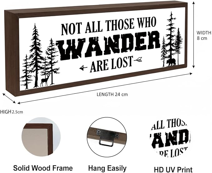 Not All Who Wonder are Lost Sign, Farmhouse Wood Signs, Inspirational Decoration for Home Office Cubicle Classroom, Shelves Decor Art, Decorative Framed Wooden Block Sign