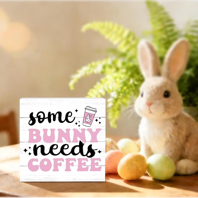 Easter Coffee Sign Easter Bunny Table Decorations Coffee Bar Station Decor Decor Indoor for Home Kitchen Office Desk Table Shelf Tiered Tray Some Bunny Needs Coffees Wooden Sign 5 X 5 Inch