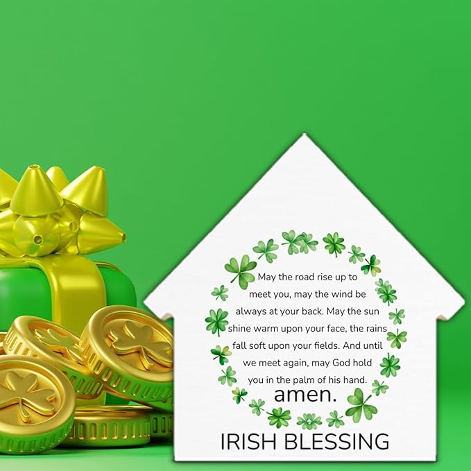 Irish Blessing Decor, St. Patrick's Day Decorations, Irish Gifts, Shamrock House Shaped Wood Block Sign, Home Decor for Desk Table Shelf, St Patricks Day Decorations